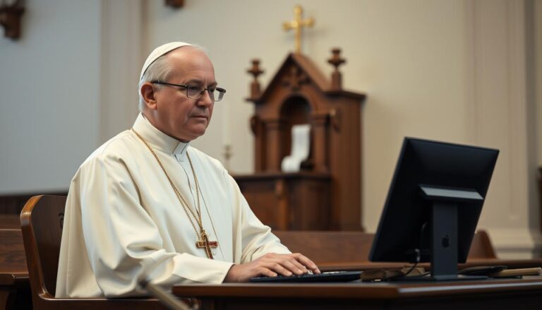 Kapłan przy komputerze symbolizujący pytanie o spowiedź przez internet