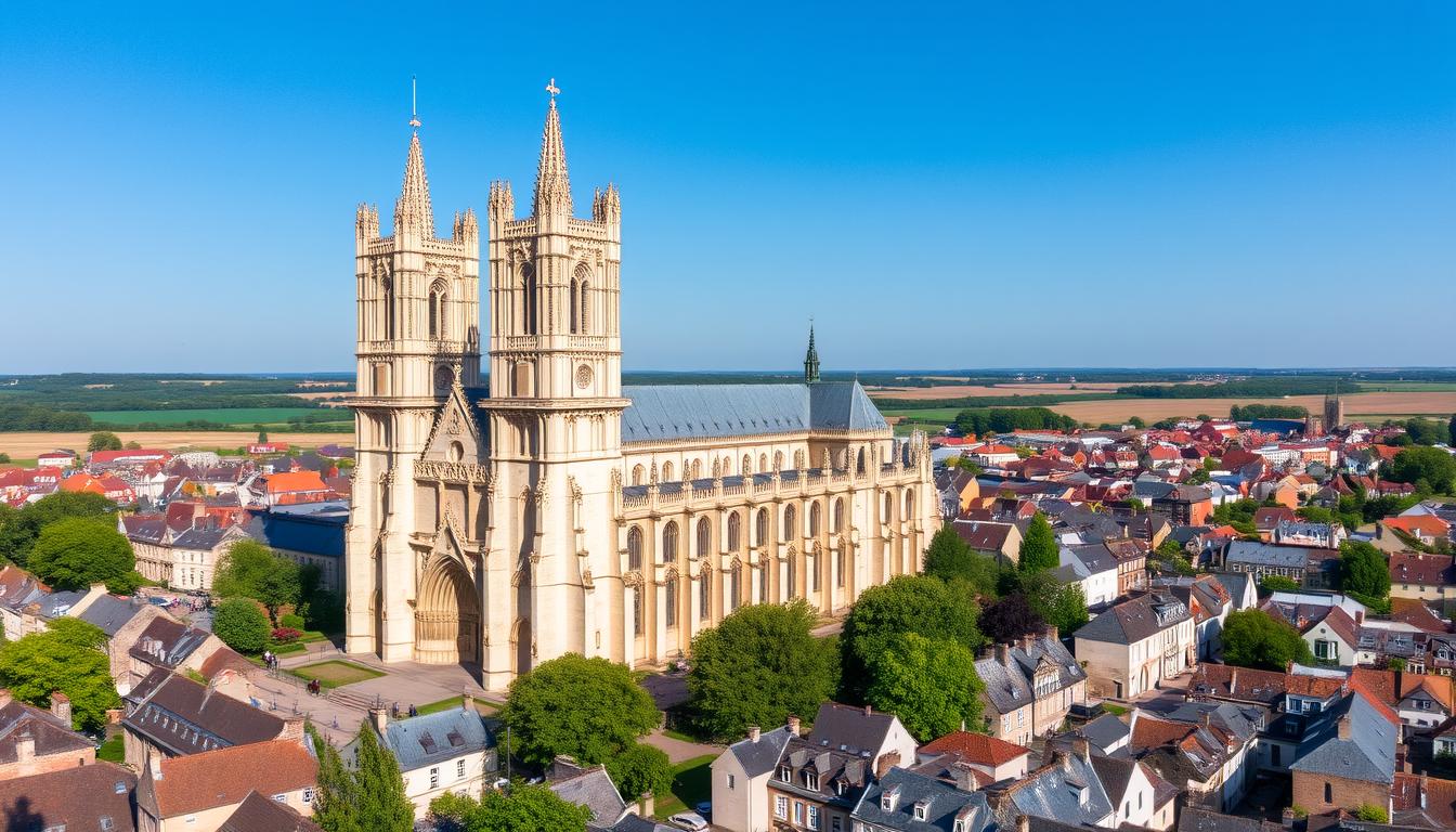 Katedra w Chartres z lotu ptaka pokazująca całą strukturę budowli i otaczające ją miasto