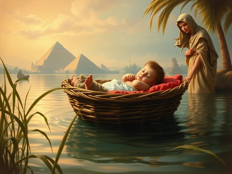Mojżesz jako niemowlę w koszyku na rzece Nil