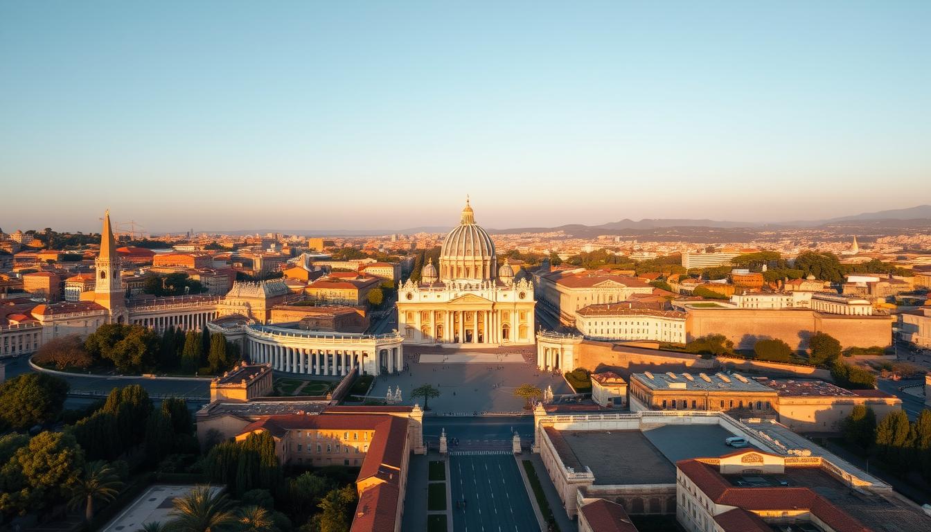 Panorama Watykanu z lotu ptaka ukazująca Bazylikę św. Piotra i ogrody watykańskie - watykan szokujące tajemnice