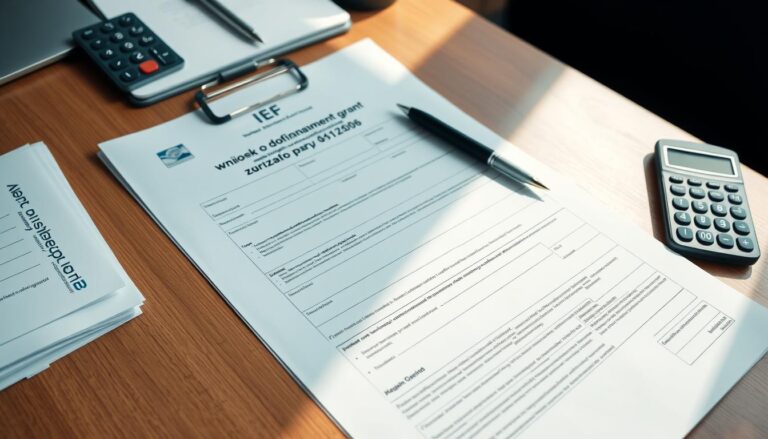 Przykładowy wniosek o dofinansowanie z urzędu pracy leżący na biurku obok długopisu i kalkulatora