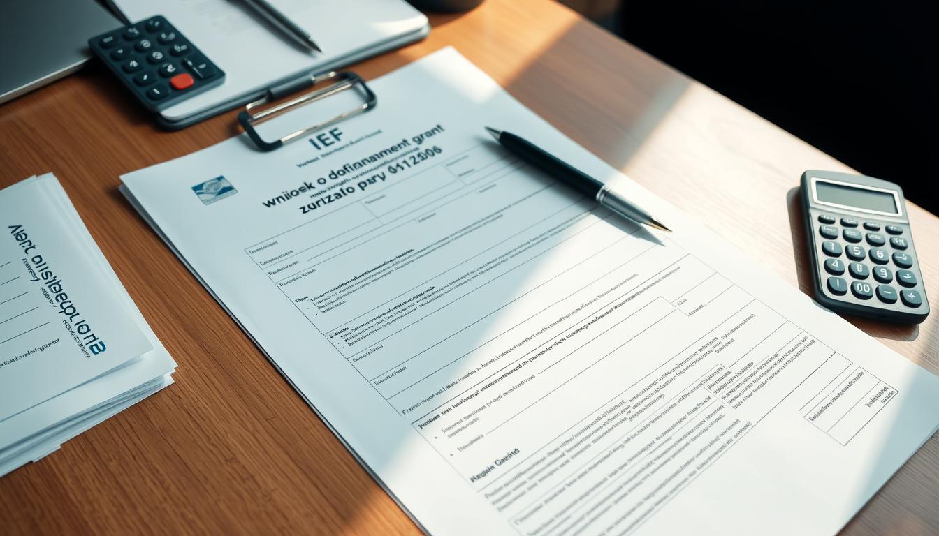 Przykładowy wniosek o dofinansowanie z urzędu pracy leżący na biurku obok długopisu i kalkulatora