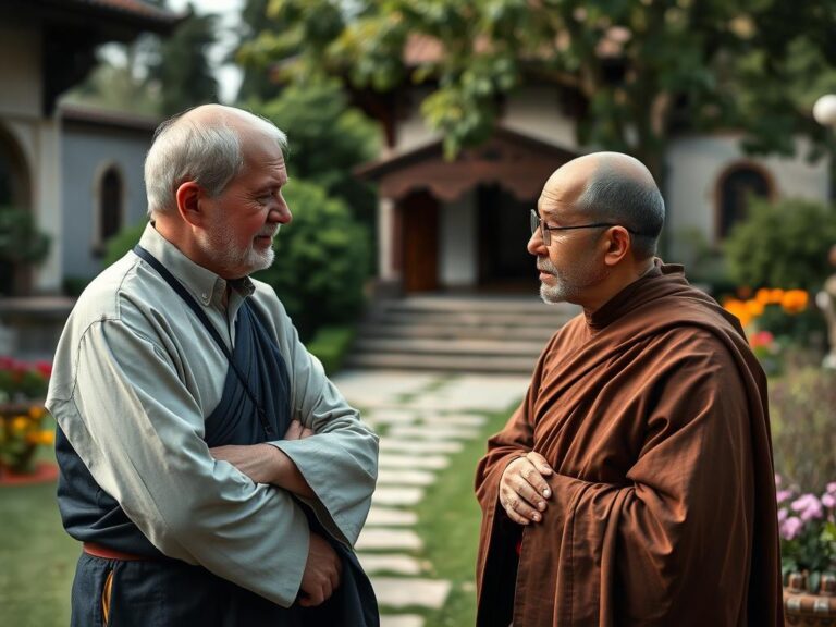 Starsza osoba rozmawiająca z zakonnikiem o wstąpieniu do zakonu