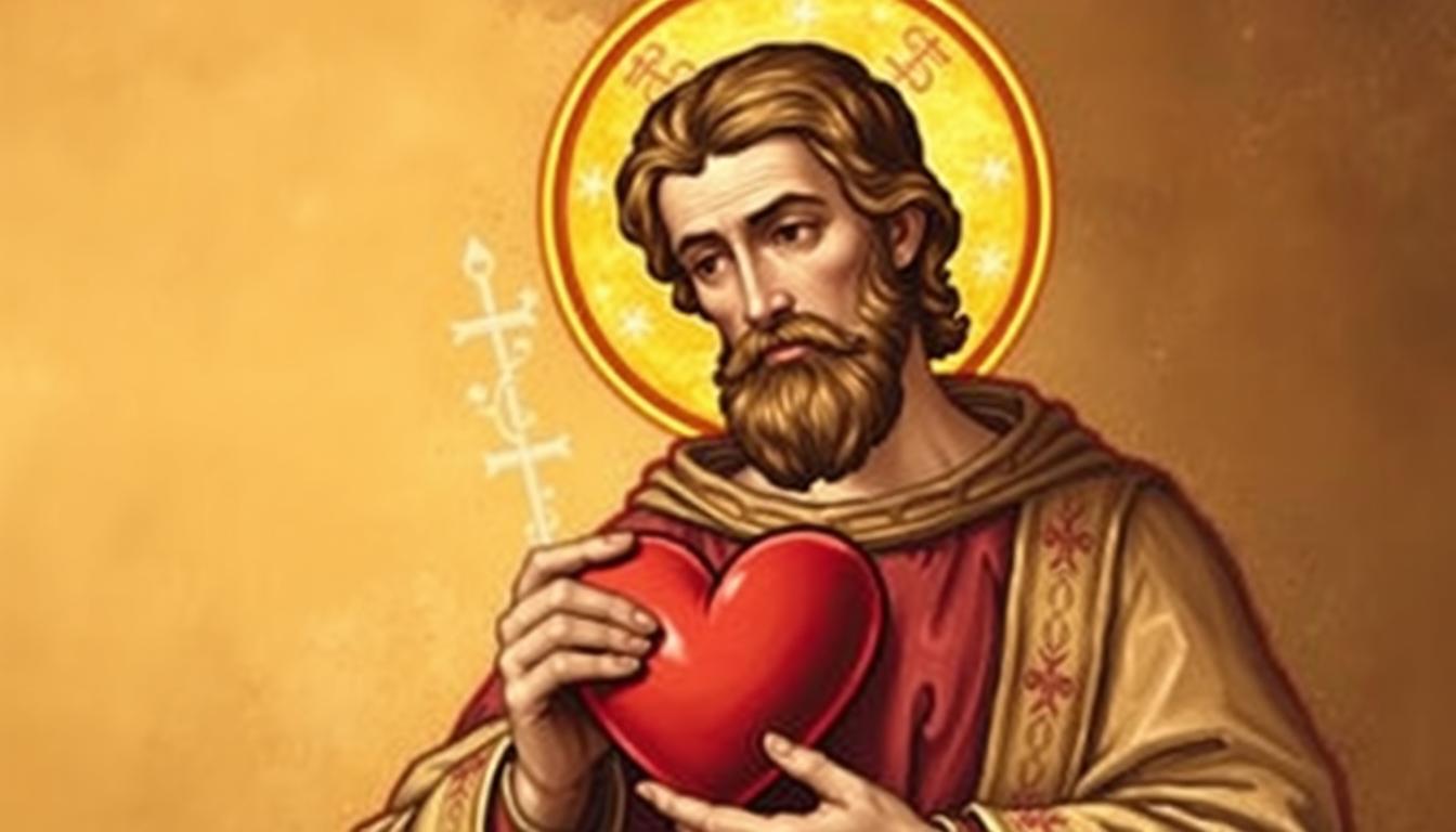 Święty Walenty jako patron miłości i szczęścia, trzymający serce symbolizujące jego opiekę nad zakochanymi