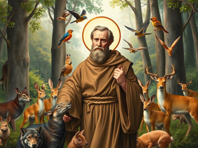 Święty od zwierząt - św. Franciszek z Asyżu otoczony zwierzętami