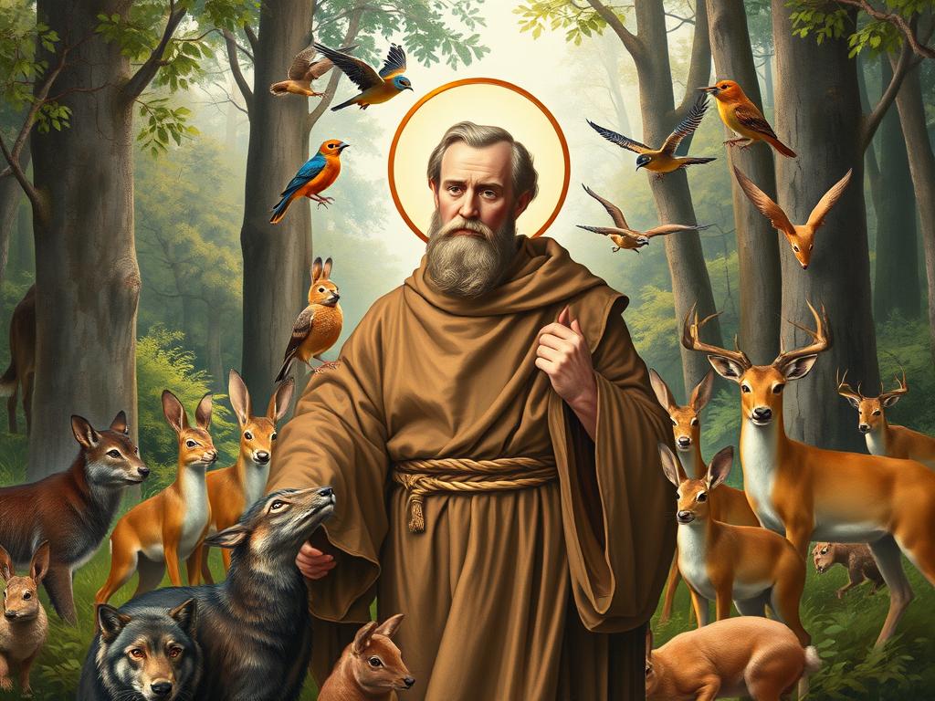 Święty od zwierząt - św. Franciszek z Asyżu otoczony zwierzętami