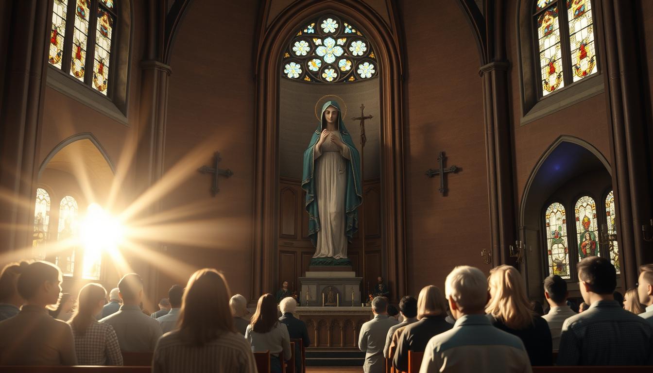 Wierni modlący się przed figurą patronki chorych i cierpiących w sanktuarium