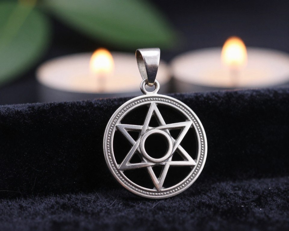A beautifully crafted silver pentagram pendant adorned with intricate filigree, elegantly displayed on a dark velvet background to evoke a sense of mystique and spirituality. In the foreground, the pentagram shines under soft, diffused lighting, highlighting its contours and the shimmering details of the jewelry. In the middle layer, softly blurred reflections of candlelight can be seen, adding warmth to the scene, while subtle hints of nature, like green leaves, create a balanced and harmonious atmosphere in the background. The composition conveys a peaceful yet intriguing mood, inviting viewers to contemplate the pentagram's significance in everyday life. The image captures the balance between elegance and mysticism, focusing solely on the beauty of the jewelry.