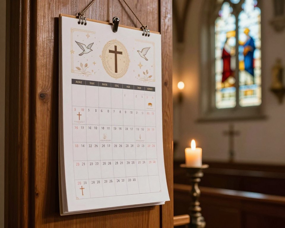 A beautifully designed church calendar showcasing upcoming parish events. In the foreground, an elegantly adorned calendar hangs on a wooden wall, with specific dates highlighted and small illustrations of religious symbols such as crosses and doves. In the middle ground, soft candlelight adds warmth to the atmosphere, illuminating the wood grain of the surroundings. The background features stained glass windows casting colorful light patterns, enhancing the spiritual mood. The setting is serene and inviting, with a gentle focus on the calendar’s intricate details. Use natural lighting to create a peaceful ambiance, capturing a sense of community and tradition within the parish. Aim for a medium shot from a slightly elevated angle to provide a comprehensive view of the calendar and its surroundings.