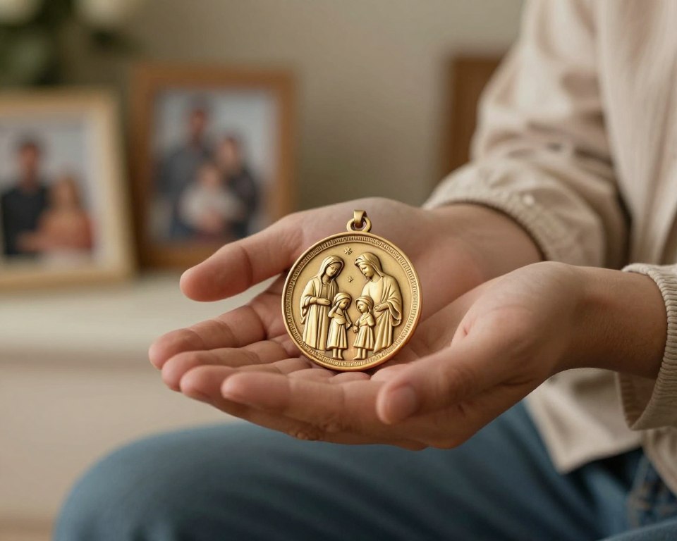 A beautifully designed family medallion, intricately embossed with religious symbols, held gently in the hands of a person dressed in modest casual clothing. The medallion gleams against a soft, warm light, highlighting its details and the rich history it represents. In the background, a serene, blurred home interior suggests a comforting family atmosphere, with subtle hints of family photos and heirlooms. The focus is on the medallion, drawing the viewer's attention to its significance as a cherished familial artifact. The overall mood is warm and nostalgic, evoking emotions of love, faith, and tradition, captured with a soft depth of field to emphasize the medallion in the foreground. A beautifully designed family medallion, intricately embossed with religious symbols, held gently in the hands of a person dressed in modest casual clothing. The medallion gleams against a soft, warm light, highlighting its details and the rich history it represents. In the background, a serene, blurred home interior suggests a comforting family atmosphere, with subtle hints of family photos and heirlooms. The focus is on the medallion, drawing the viewer's attention to its significance as a cherished familial artifact. The overall mood is warm and nostalgic, evoking emotions of love, faith, and tradition, captured with a soft depth of field to emphasize the medallion in the foreground.
