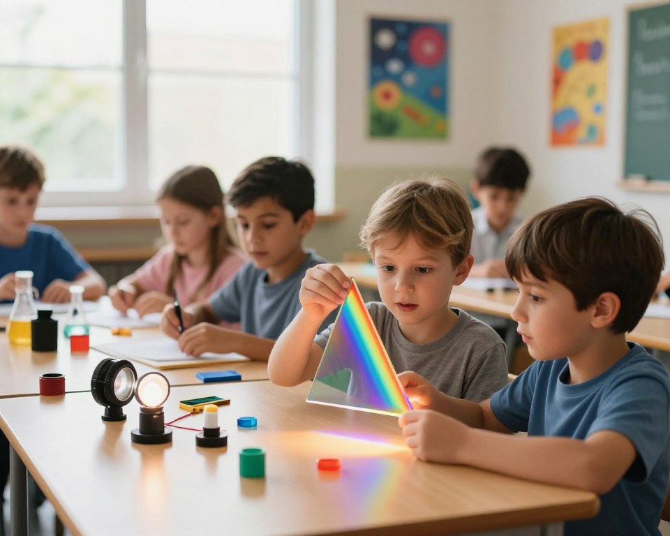 A bright and engaging classroom setting filled with children aged 6 to 10, eagerly participating in hands-on light experiments. In the foreground, two children are joyfully working together, one holding a prism that refracts light into a rainbow, while the other observes with wide-eyed wonder. The middle ground features a table cluttered with scientific tools like lenses, light sources, and colorful filters, all illuminated by soft, natural light coming from a large window. The background holds colorful posters about the science of light, creating an educational atmosphere. The scene is infused with curiosity and excitement, reflecting the magic of discovering how light works. Use a warm, inviting color palette and soft focus, capturing the essence of playful learning and exploration.