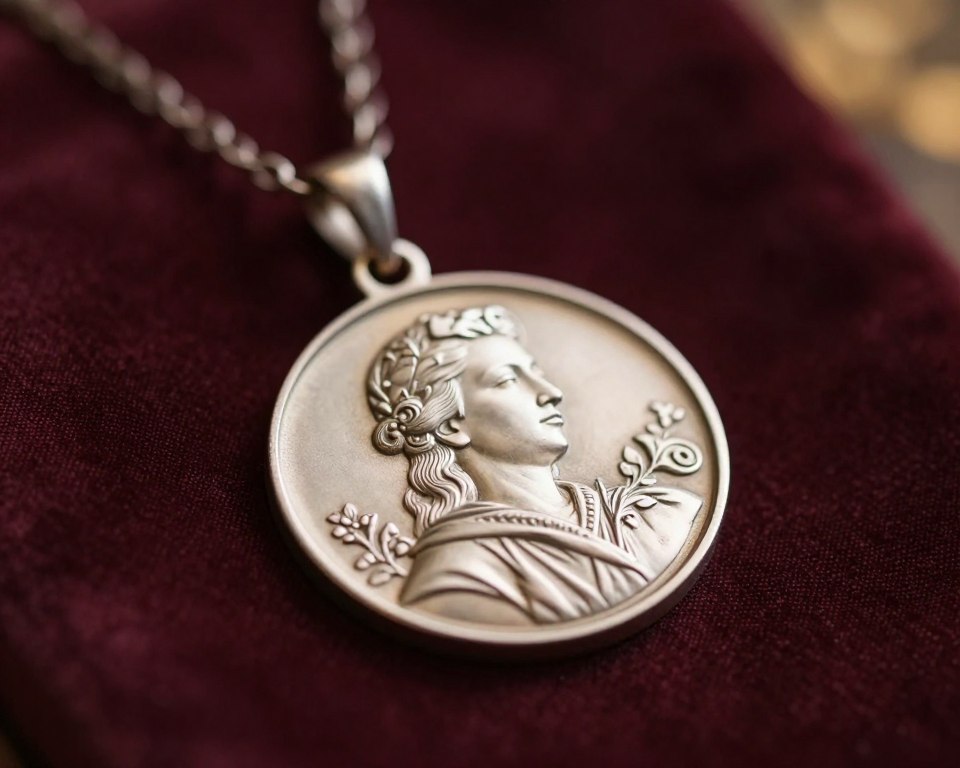 A close-up view of a beautifully crafted medallion as a piece of jewelry, featuring intricate engravings and a polished finish that reflects light softly. The medallion is hanging from a delicate silver chain, resting elegantly on a fabric background that is a rich, deep color to enhance contrast. In the foreground, light gently highlights the texture of the metal, showcasing the artistry and detail. In the background, subtle hints of soft bokeh add a dreamy atmosphere, evoking a sense of reverence and significance associated with the medallion. The lighting is warm and inviting, suggesting a sense of tradition and elegance. The composition is intimate, focusing solely on the medallion without any distractions.