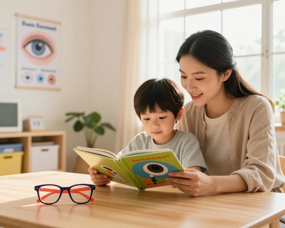 A cozy family scene focused on eye health, featuring a mother and child, both wearing stylish yet modest casual clothing, engaged in a playful activity like reading a colorful picture book under warm, soft lighting. In the foreground, a pair of vibrant reading glasses rests on the table, symbolizing eye protection. The middle ground showcases a bright, cheerful room with eye health posters on the walls, promoting awareness about proper lighting and eye care. In the background, large windows allow gentle sunlight to filter through, creating an uplifting and inviting atmosphere. The angle is slightly elevated, offering a clear view of the warm interactions, while maintaining a relaxed and educational ambiance appropriate for families.