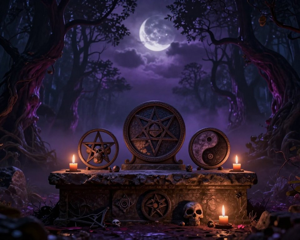 A dark, moody scene featuring a pentagram, Yin Yang symbol, and other culturally controversial symbols associated with "evil," such as a skull or Ouroboros, arranged artistically on an ancient stone altar. In the foreground, the symbols are illuminated by flickering candlelight, casting eerie shadows that enhance their mystique. The middle ground features a misty, enchanted forest with twisted trees and ominous foliage, contributing to an unsettling atmosphere. In the background, a cloudy night sky is visible, partially illuminated by a crescent moon. The overall color palette is rich in deep purples, blacks, and hints of crimson, evoking feelings of intrigue and darkness. The composition should be shot from a low angle to heighten the grandeur of the symbols against the foreboding landscape.