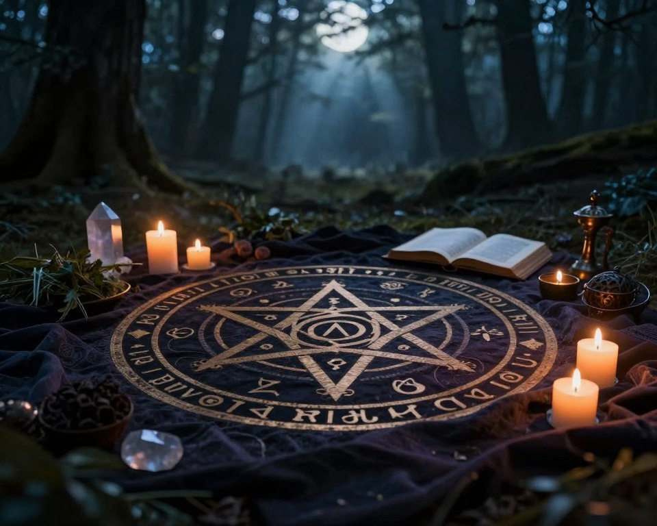 A mystical scene featuring a large, intricately designed pentagram at the center, surrounded by candles and ancient, mysterious symbols. In the foreground, dark, rich fabrics drape around the pentagram, adding depth and layering. The middle ground reveals an assortment of magical tools like crystals, herbs, and an open spell book, hinting at magical practices. In the background, a softly lit, shadowy forest creates an ethereal atmosphere, with rays of moonlight filtering through the trees, casting gentle glows on the scene. The lighting is dim yet enchanting, suggesting a sense of secrecy and allure. The angle is slightly elevated, emphasizing the pentagram while capturing the surrounding mystical ambiance. The overall mood is one of mystery and intrigue, inviting the viewer into the world of magic connected to the pentagram.