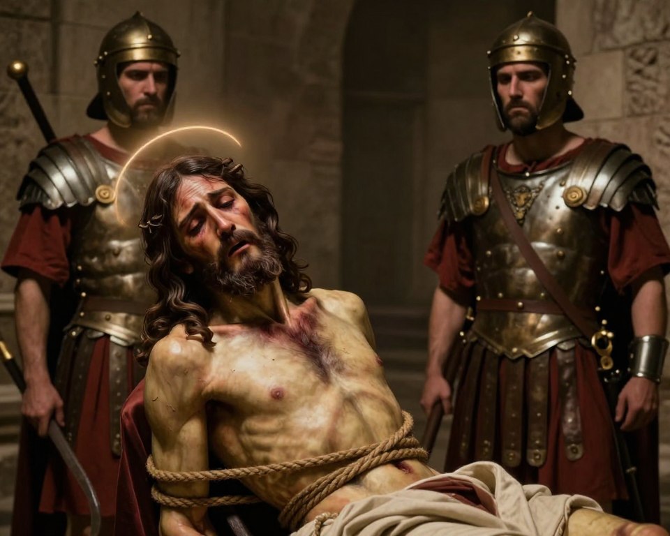 A poignant depiction of the Flagellation of Christ, showcasing Jesus bound and in anguish, his expression conveying deep sorrow and compassion. In the foreground, a close-up of Jesus, highlighting the texture of his garments and the details of the ropes binding him. The middle ground features two stern Roman soldiers, dressed in historically accurate armor, wielding whips, their expressions reflecting a harsh demeanor. The background presents a dimly lit ancient courtyard, with stone walls and shadows creating a somber atmosphere. A soft halo of light illuminates Jesus, enhancing the dramatic effect. The image should evoke a sense of reverence and contemplation, capturing the importance of this moment in religious art, with warm, muted tones to support the mood.