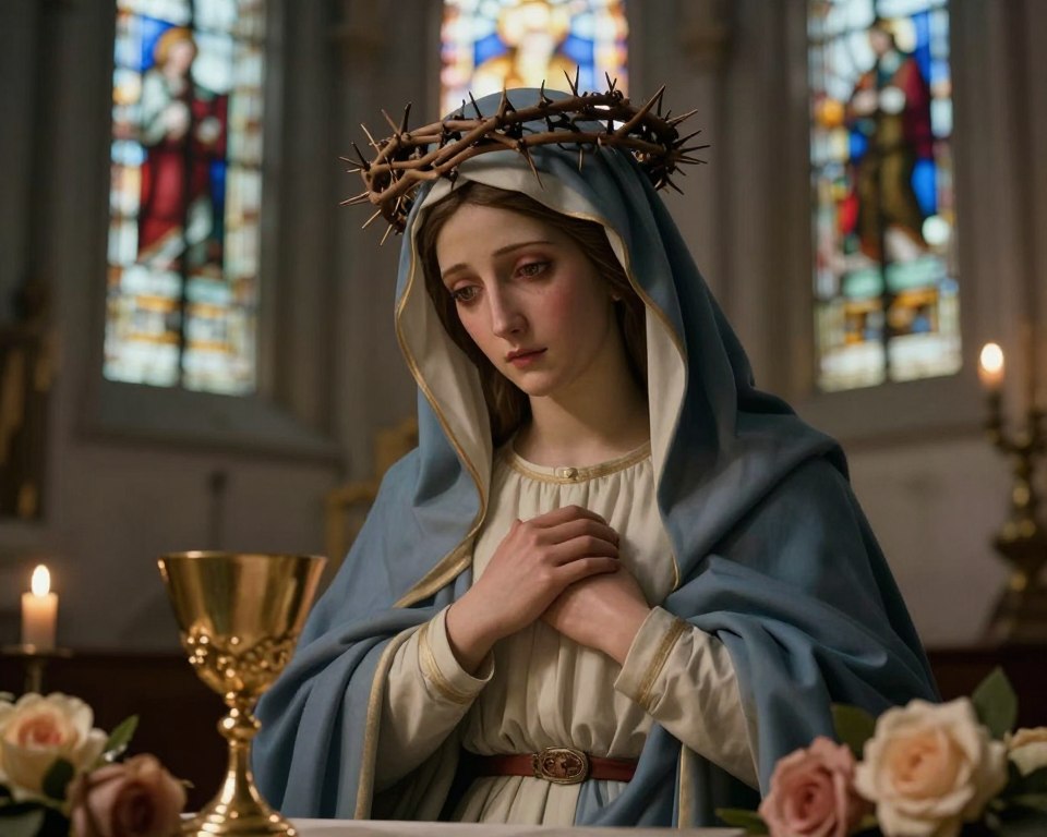 A poignant depiction of the Sorrowful Mysteries in religious art, featuring a serene yet emotionally charged scene. In the foreground, a graceful figure representing the Virgin Mary, clad in modest blue and white robes, gazes sorrowfully at the viewer. Surrounding her are symbolic elements like a crown of thorns, a chalice of suffering, and delicate roses, representing mourning and hope. In the middle ground, a subtle, soft glow emanates from a candle, illuminating the details of the artwork. The background shows a blurred church interior, with stained glass windows casting colored light that enhances the atmosphere of reverence and contemplation. Soft lighting creates a peaceful yet somber mood, while a shallow depth of field emphasizes the central figure, inviting viewers into a moment of reflection and prayer.