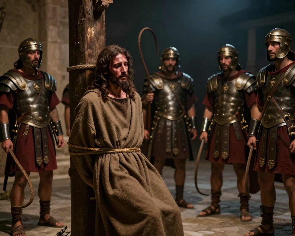 A poignant scene depicting "The Scourging of Jesus," capturing the moment of profound suffering. In the foreground, Jesus is bound to a pillar, wearing a simple brown robe. His face is etched with pain and resignation, reflecting deep humility. Around him, Roman soldiers in detailed armor wield whips, their expressions a mix of contempt and zeal. The middle ground shows a dimly lit courtyard, with shadows adding to the tension. In the background, a darkened sky looms above, hinting at impending judgment. Soft, dramatic lighting highlights the figures, casting long shadows that add depth to the scene. The atmosphere is heavy with sorrow, evoking a sense of compassion and reverence, inviting contemplation of Jesus's suffering.