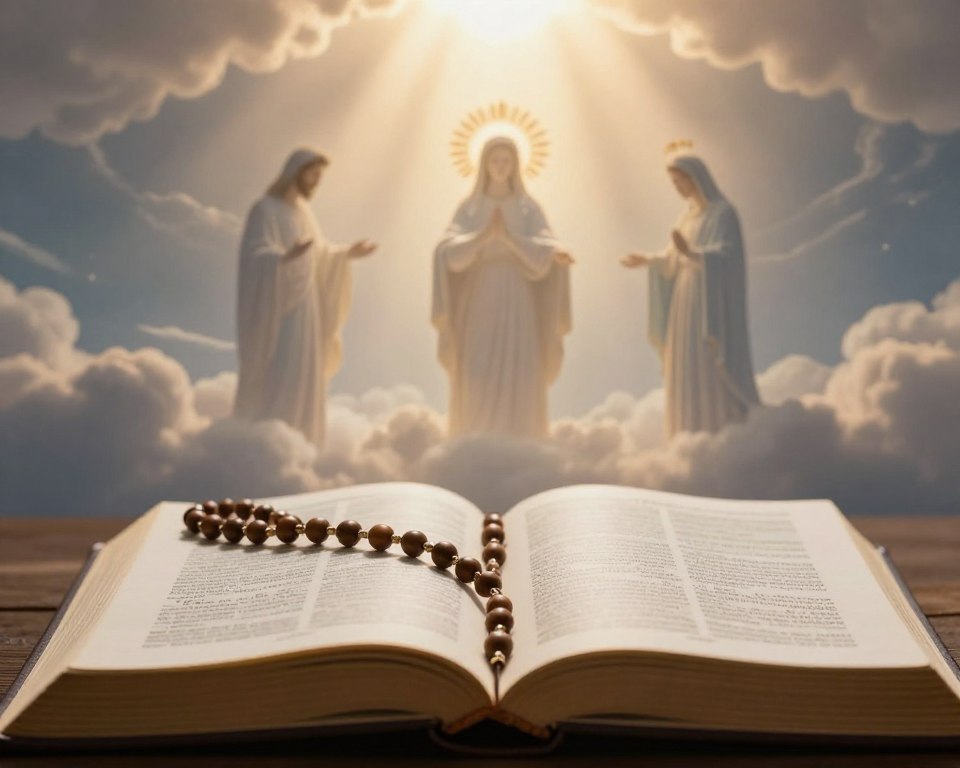 A serene and contemplative scene depicting the "Glorious Mysteries" of the Rosary. In the foreground, a rosary made of elegant wooden beads lies gently on an open Bible with golden lettering, symbolizing prayer and reflection. The middle ground features a soft, glowing light shining down from above, illuminating three key moments: the Ascension of Jesus, the Assumption of Mary, and the Coronation of Mary as Queen of Heaven, represented as ethereal silhouettes with a heavenly backdrop. The background is filled with soft clouds and rays of sunlight, adding a divine atmosphere. The overall mood is peaceful and reverent, inviting viewers to reflect on these sacred mysteries. Use warm, soft lighting to create an uplifting ambiance, with a slight depth-of-field effect to draw focus to the rosary and Bible in the foreground.