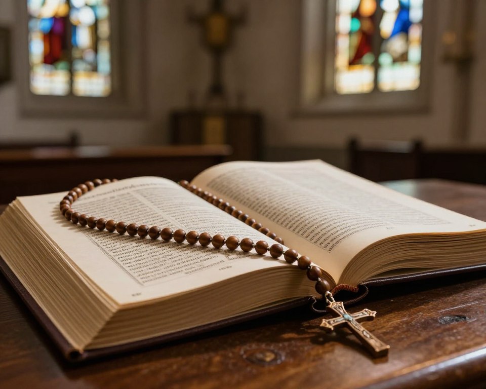 A serene and contemplative scene depicting the "Sorrowful Mysteries" of the Rosary, focusing on a wooden rosary laid on an ornate prayer book. In the foreground, the rosary beads are intricately detailed, catching soft light. The middle ground features the open prayer book with beautifully illustrated pages, highlighting key moments of the Sorrowful Mysteries. In the background, a softly lit church interior with stained glass windows casts gentle colors, embodying a peaceful atmosphere for prayer. Soft shadows create depth, conveying a sense of reverence and spirituality. The lighting is warm and inviting, enhancing the mood of reflection and devotion, inviting the viewer into a moment of quiet contemplation.