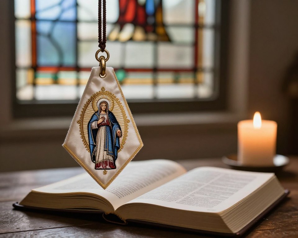 A serene and meaningful scene showcasing a Catholic scapular hanging prominently in the foreground. The scapular is detailed, crafted from rich fabric, with intricate embroidery and the image of a saint. In the middle ground, a peaceful setting features an open Bible and a lit candle, symbolizing spirituality and guidance. Soft morning light filters through a stained glass window in the background, casting colorful reflections, creating a contemplative atmosphere. The overall mood is reverent and tranquil, highlighting the spiritual significance of wearing a scapular. Use a soft focus effect on the background to emphasize the scapular and bible while maintaining clarity in the middle ground elements. The composition should invoke a sense of peace and reflection, perfect for illustrating the importance of this religious item.