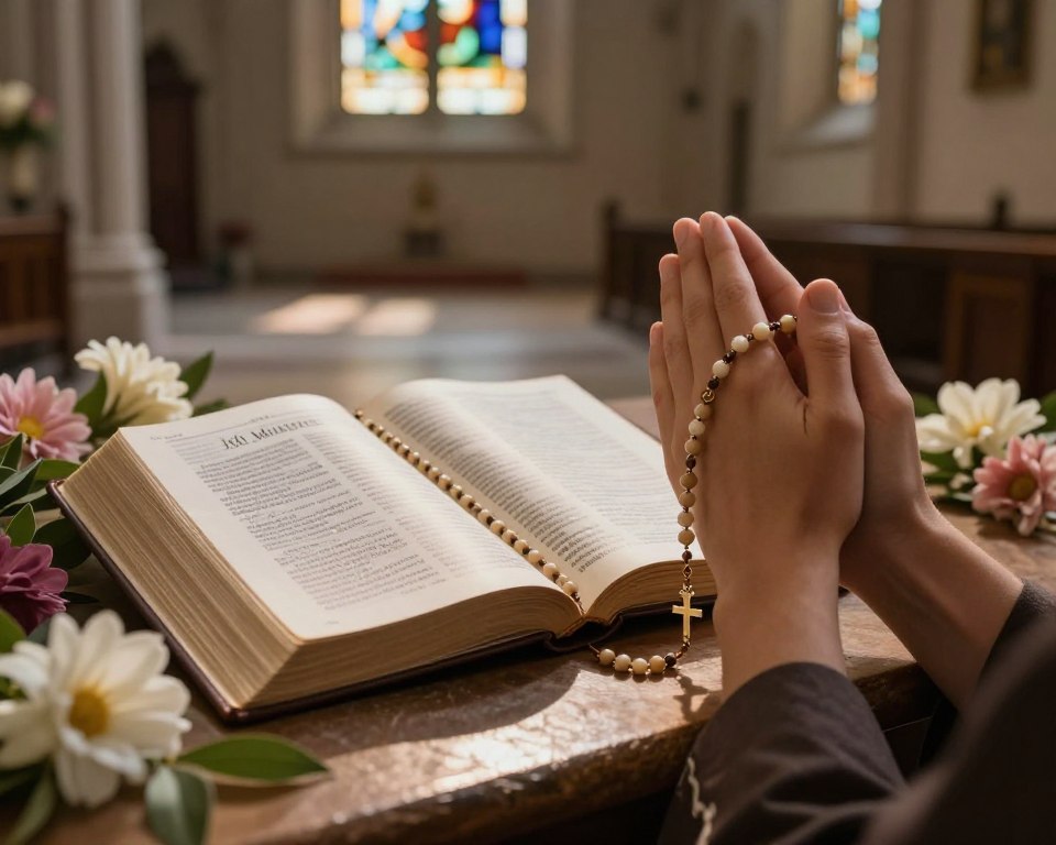 A serene and reflective scene depicting the "Joyful Mysteries" of the Rosary in a tranquil setting. In the foreground, a pair of hands clasped in prayer holding a rosary, with beads glistening softly in the light. The middle ground features an open Bible with highlighted verses about joy and faith, surrounded by fresh flowers symbolizing hope and new beginnings. The background includes a softly lit chapel with stained glass windows filtering gentle colors onto the stone floor, creating an ethereal glow. The overall atmosphere is peaceful and contemplative, inviting viewers to engage in spiritual practice. The lighting is warm and inviting, evoking a sense of calm and devotion. Use a soft focus lens to enhance the tranquil mood. A serene and reflective scene depicting the "Joyful Mysteries" of the Rosary in a tranquil setting. In the foreground, a pair of hands clasped in prayer holding a rosary, with beads glistening softly in the light. The middle ground features an open Bible with highlighted verses about joy and faith, surrounded by fresh flowers symbolizing hope and new beginnings. The background includes a softly lit chapel with stained glass windows filtering gentle colors onto the stone floor, creating an ethereal glow. The overall atmosphere is peaceful and contemplative, inviting viewers to engage in spiritual practice. The lighting is warm and inviting, evoking a sense of calm and devotion. Use a soft focus lens to enhance the tranquil mood.