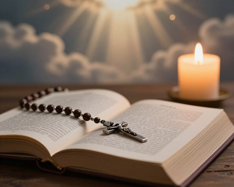 A serene and reflective scene portraying the Rosary with a focus on the Glorious Mysteries. In the foreground, a beautifully crafted rosary made of dark wood and gleaming silver crucifix, draped elegantly over an open prayer book with delicate, ornate pages. The middle ground features soft flickering candlelight creating a warm atmosphere, illuminating subtle textures of the book and rosary. In the background, an abstract representation of clouds and rays of light symbolizing spiritual elevation and glory. The lighting is soft and ethereal, with a gentle bokeh effect enhancing the peaceful mood. The overall ambiance evokes contemplation and reverence, inviting viewers to reflect on the significance of the Glorious Mysteries in a tranquil setting.