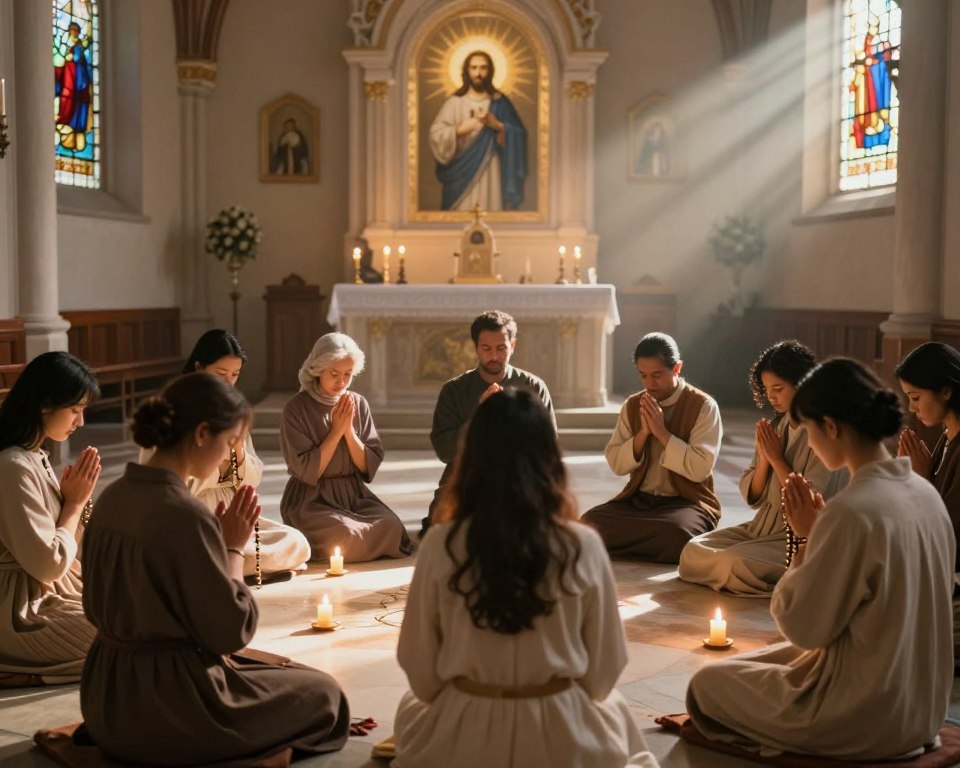 A serene and uplifting scene capturing a prayer group engaged in devotion to the Divine Mercy Chaplet. In the foreground, a diverse group of individuals dressed in modest, comfortable clothing sits in a circle, their hands clasped in prayer, some holding rosaries. The middle ground features soft candlelight illuminating their faces, creating a warm and inviting atmosphere. In the background, a tranquil church interior is adorned with religious symbols, such as images of Jesus with the Divine Mercy. The lighting is gentle and ethereal, creating a sanctified ambience. Soft rays of sunlight filter through stained glass windows, casting colorful reflections around the space, enhancing the mood of reverence and community. The composition should evoke feelings of peace, faith, and togetherness without any text or distractions. A serene and uplifting scene capturing a prayer group engaged in devotion to the Divine Mercy Chaplet. In the foreground, a diverse group of individuals dressed in modest, comfortable clothing sits in a circle, their hands clasped in prayer, some holding rosaries. The middle ground features soft candlelight illuminating their faces, creating a warm and inviting atmosphere. In the background, a tranquil church interior is adorned with religious symbols, such as images of Jesus with the Divine Mercy. The lighting is gentle and ethereal, creating a sanctified ambience. Soft rays of sunlight filter through stained glass windows, casting colorful reflections around the space, enhancing the mood of reverence and community. The composition should evoke feelings of peace, faith, and togetherness without any text or distractions.