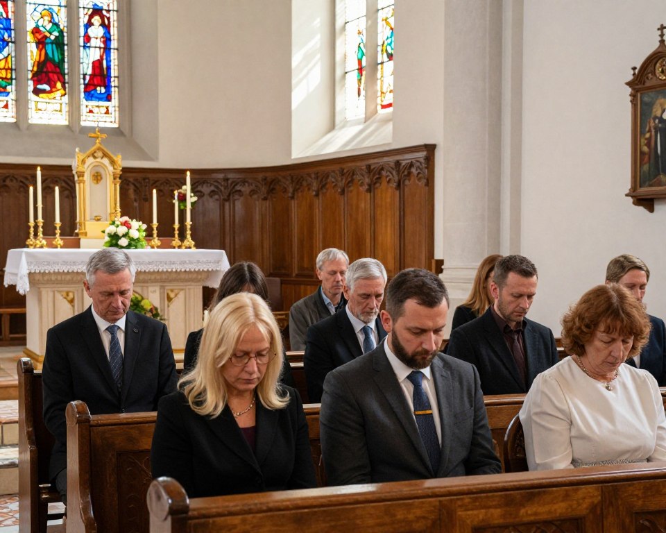 A serene church interior adorned with traditional Catholic elements, showcasing a candle-lit altar decorated with flowers. In the foreground, a group of people dressed in modest, professional attire are gathered in prayer, their expressions reflecting deep contemplation and reverence. The middle ground features elegantly designed wooden pews lined up before the altar, with stained glass windows casting colorful light into the scene. In the background, soft rays of sunlight filter through the windows, creating a warm and inviting atmosphere. The overall mood is one of spirituality and reflection, capturing the essence of the "Gorzkie Żale" liturgical tradition in a peaceful media representation. Bright, natural lighting enhances the tranquil ambiance, inviting viewers to connect with the rich cultural heritage of Catholic worship.