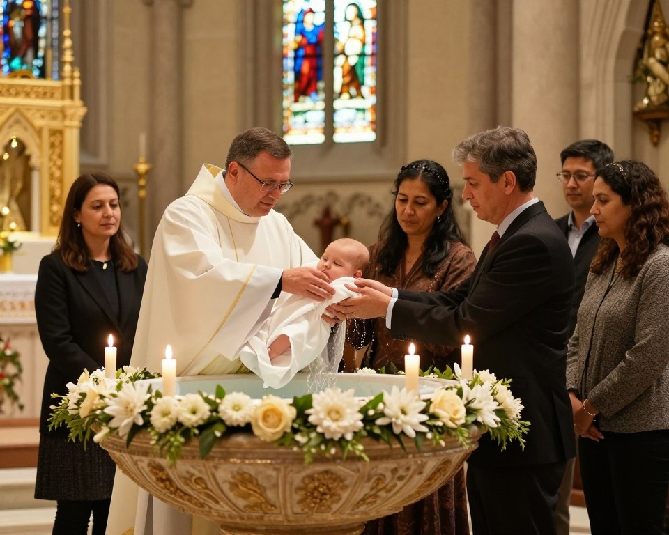 A serene church interior bathed in soft, golden lighting, showcasing a baptismal font in the foreground, elegantly adorned with white flowers and candles. In the middle ground, a minister in a professional attire performs a baptism ceremony, gently pouring water over an infant wrapped in a white cloth, symbolizing purity and new beginnings. Family members, dressed in modest clothing, stand close, their expressions filled with love and reverence. In the background, stained-glass windows filter colorful light, enhancing the sacred atmosphere. The angle is slightly elevated, capturing both the emotional moments and the spiritual significance of the event, evoking a sense of peace and hope.