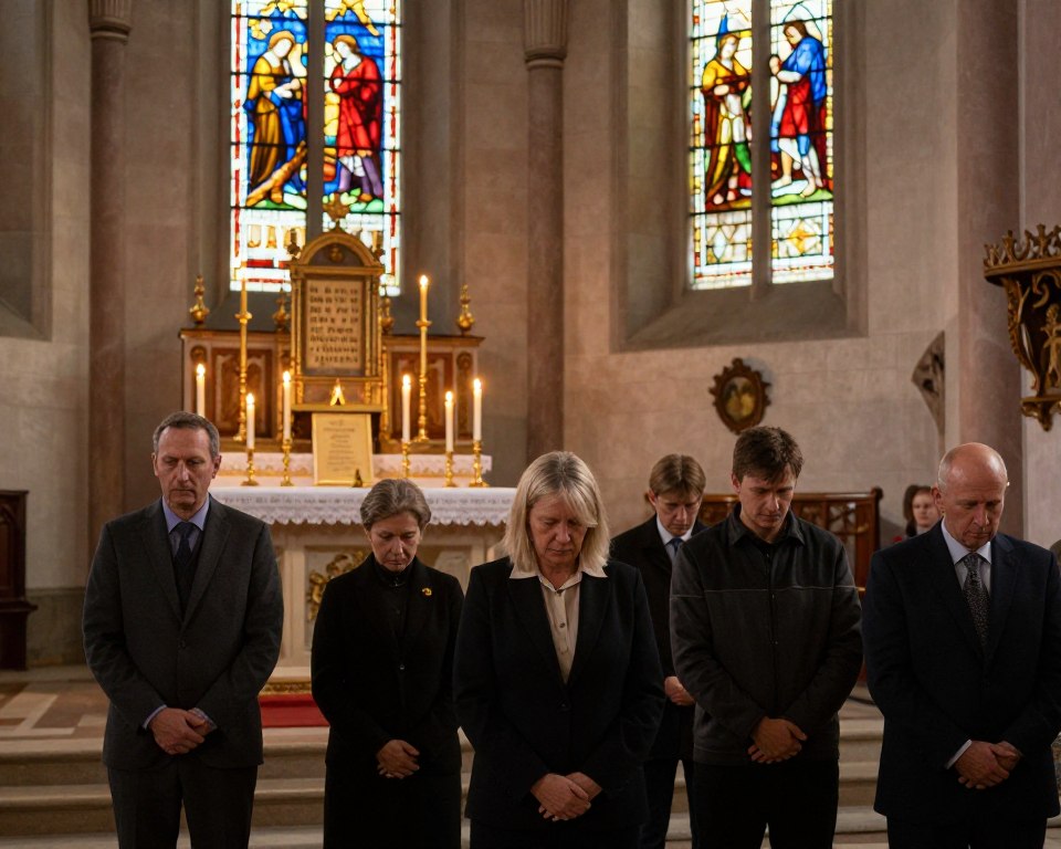 A serene church interior during a Gorzkie Żale prayer session, capturing the essence of Polish Lent traditions. In the foreground, a small group of individuals dressed in modest, professional clothing is engaged in a heartfelt prayer, their expressions reflecting deep introspection and reverence. The middle ground features a beautifully adorned altar with candles lit, the glow casting warm light on ancient religious texts displaying the Gorzkie Żale hymns. The background reveals stained glass windows depicting biblical scenes, with soft sunlight streaming through, creating a tranquil atmosphere. The overall mood is contemplative and somber, inviting the viewer to connect with the spiritual purpose of this unique form of prayer, highlighting its significance within the broader practice of devotion.