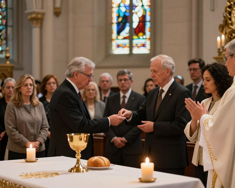A serene church interior during a contemporary Communion service, featuring diverse individuals in modest, professional attire participating in the ceremony. In the foreground, a lovingly detailed altar with an ornate chalice and bread, surrounded by candles casting a warm glow. The middle ground showcases parishioners of different ages receiving Communion, demonstrating both hand and tongue practices, reflecting modern adaptations in worship. In the background, stained glass windows filter soft, multicolored light, enhancing the spiritual atmosphere. The lighting should accentuate the warmth and solemnity of the moment, with a slight depth of field to keep the focus on the participants. The overall mood is one of reverence and community in a time of social change.