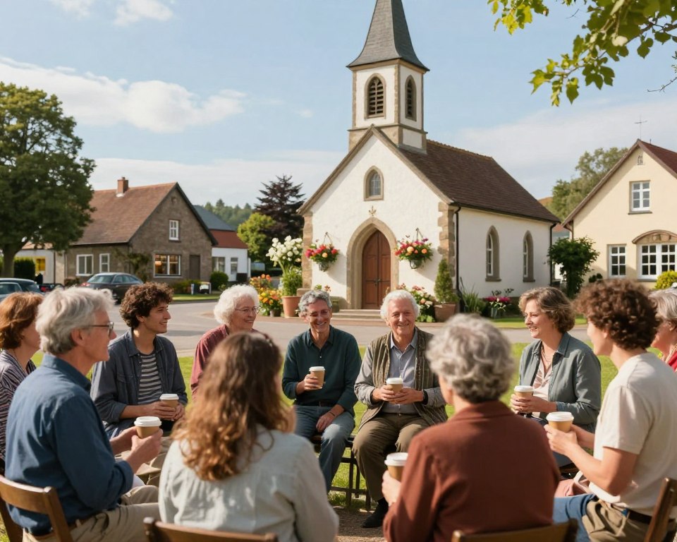 A serene community gathering at the local parish, depicting a diverse group of individuals engaged in conversation and fellowship. In the foreground, a small group of people in modest casual clothing with warm smiles, holding cups of coffee and sharing stories. The middle ground features a charming, rustic parish church adorned with blooming flowers and greenery, symbolizing community connection. In the background, an inviting village square with quaint houses and trees under a bright blue sky, casting soft, natural light that enhances the warm, inviting atmosphere. The scene conveys a sense of unity, warmth, and spiritual togetherness, capturing the essence of a local parish community. A serene community gathering at the local parish, depicting a diverse group of individuals engaged in conversation and fellowship. In the foreground, a small group of people in modest casual clothing with warm smiles, holding cups of coffee and sharing stories. The middle ground features a charming, rustic parish church adorned with blooming flowers and greenery, symbolizing community connection. In the background, an inviting village square with quaint houses and trees under a bright blue sky, casting soft, natural light that enhances the warm, inviting atmosphere. The scene conveys a sense of unity, warmth, and spiritual togetherness, capturing the essence of a local parish community.