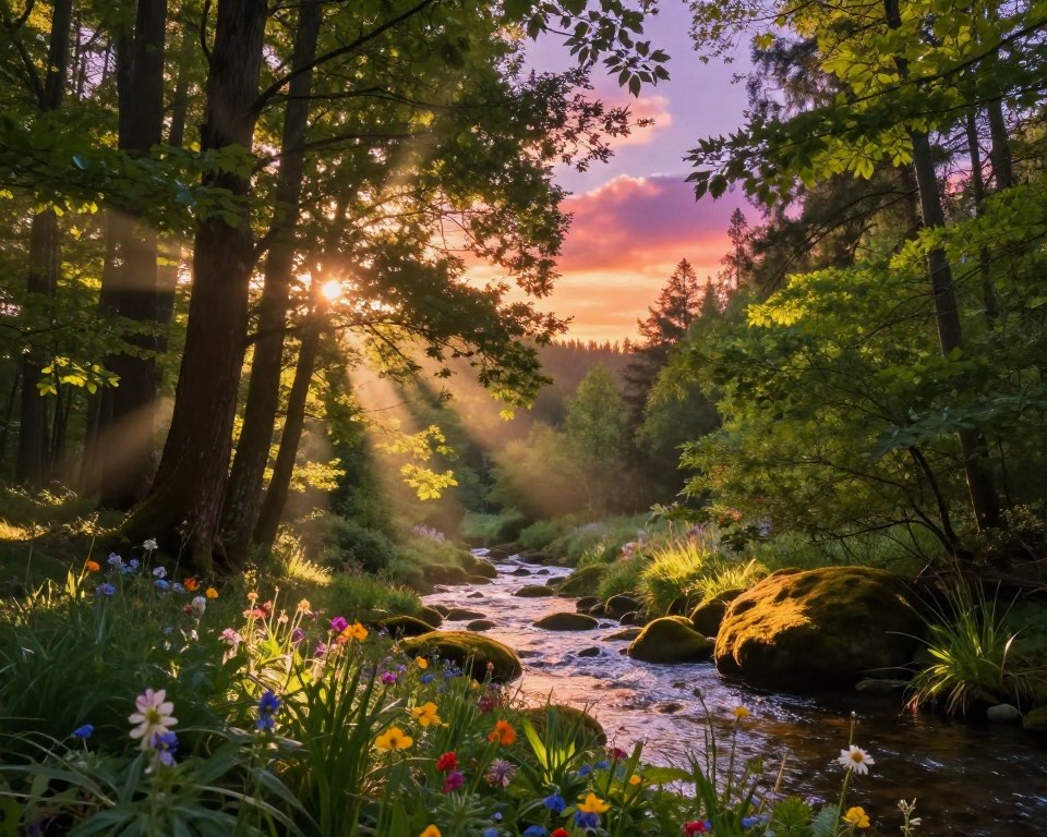 A serene forest scene showcasing various natural light sources. In the foreground, delicate sunbeams filter through the leaves of towering trees, creating dappled light patterns on the forest floor. Brightly colored wildflowers bloom at the base of the trees, casting soft shadows. In the middle ground, a gentle stream reflects the sunlight, enhancing its sparkling surface, while patches of warm sunlight illuminate patches of moss-covered rocks. In the background, a vibrant sunset bathes the sky in hues of orange, pink, and purple, with wisps of clouds adding depth. The overall atmosphere is tranquil and enchanted, inviting viewers to explore the wonders of natural illumination. The lighting should be soft and warm, evoking a sense of peace and wonder.