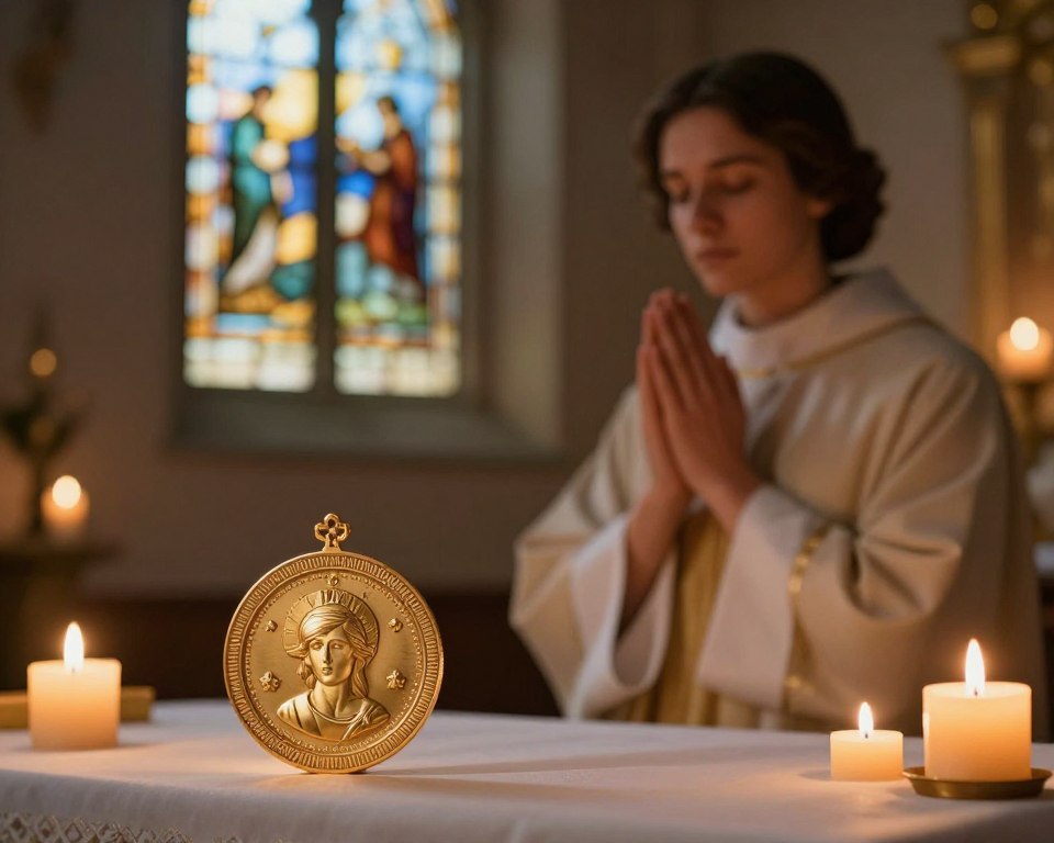 A serene indoor setting featuring a beautifully illuminated altar adorned with a miraculous medal, prominently displayed in the foreground. The medal glistens with intricate details, surrounded by flickering candles casting warm, soft light across the scene. In the middle ground, a figure dressed in modest, professional attire gently clasps their hands in prayer, eyes closed in reflection, conveying reverence and devotion. The background showcases a soft-focus stained glass window, filtering gentle hues of blue and gold into the room, enhancing the spiritual ambiance. The atmosphere is tranquil and contemplative, with a subtle glow emphasizing the significance of prayer associated with the miraculous medal. The image conveys a sense of peace and faith, perfect for illustrating the connection between devotion and the miraculous medal. A serene indoor setting featuring a beautifully illuminated altar adorned with a miraculous medal, prominently displayed in the foreground. The medal glistens with intricate details, surrounded by flickering candles casting warm, soft light across the scene. In the middle ground, a figure dressed in modest, professional attire gently clasps their hands in prayer, eyes closed in reflection, conveying reverence and devotion. The background showcases a soft-focus stained glass window, filtering gentle hues of blue and gold into the room, enhancing the spiritual ambiance. The atmosphere is tranquil and contemplative, with a subtle glow emphasizing the significance of prayer associated with the miraculous medal. The image conveys a sense of peace and faith, perfect for illustrating the connection between devotion and the miraculous medal.