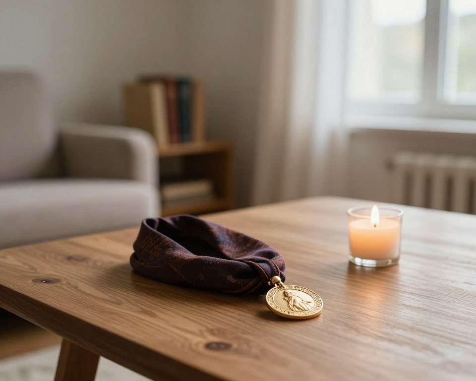 A serene indoor setting featuring a softly lit wooden table serving as the foreground. On the table, a beautifully crafted scapular and medal shimmer, delicately perched beside a small candle casting gentle light. The scapular is made of rich, textured fabric in deep hues, while the medal gleams with intricate designs. In the middle ground, a blurred background includes a cozy armchair and a small bookshelf lined with spiritual books, creating an atmosphere of reflection and devotion. Warm, natural light filters through a nearby window, creating a peaceful ambiance. The overall mood is one of tranquility and reverence, inviting the viewer into a daily ritual of faith and contemplation.