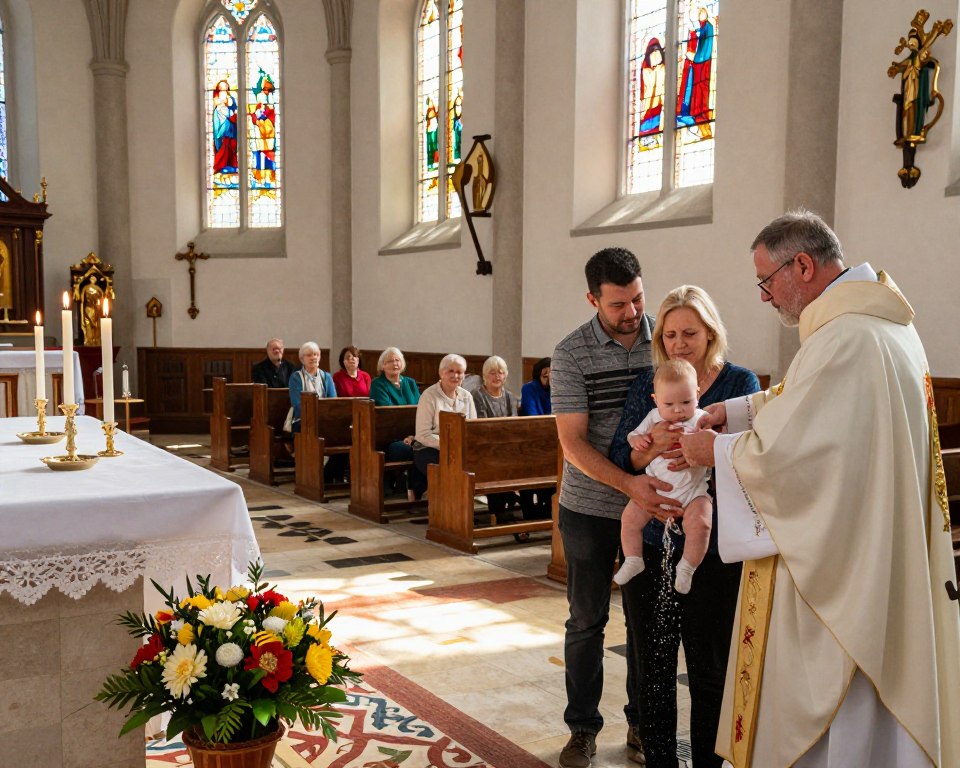 A serene interior of a parish church in Goliszew, showcasing a beautifully decorated altar with glowing candles and vibrant floral arrangements. In the foreground, a priest in professional attire conducts a baptism ceremony, gently pouring water over a baby held by a modestly dressed parent. Family members gather around, expressing joy and reverence. The middle ground features parishioners seated in wooden pews, engaged in prayer, while soft light filters through stained glass windows, casting colorful patterns across the church floor. The background captures the essence of sacredness with religious icons and an ornate cross. The atmosphere is warm, inviting, and filled with a sense of community and spirituality. Bright daylight enhances the peacefulness of the scene. A serene interior of a parish church in Goliszew, showcasing a beautifully decorated altar with glowing candles and vibrant floral arrangements. In the foreground, a priest in professional attire conducts a baptism ceremony, gently pouring water over a baby held by a modestly dressed parent. Family members gather around, expressing joy and reverence. The middle ground features parishioners seated in wooden pews, engaged in prayer, while soft light filters through stained glass windows, casting colorful patterns across the church floor. The background captures the essence of sacredness with religious icons and an ornate cross. The atmosphere is warm, inviting, and filled with a sense of community and spirituality. Bright daylight enhances the peacefulness of the scene.