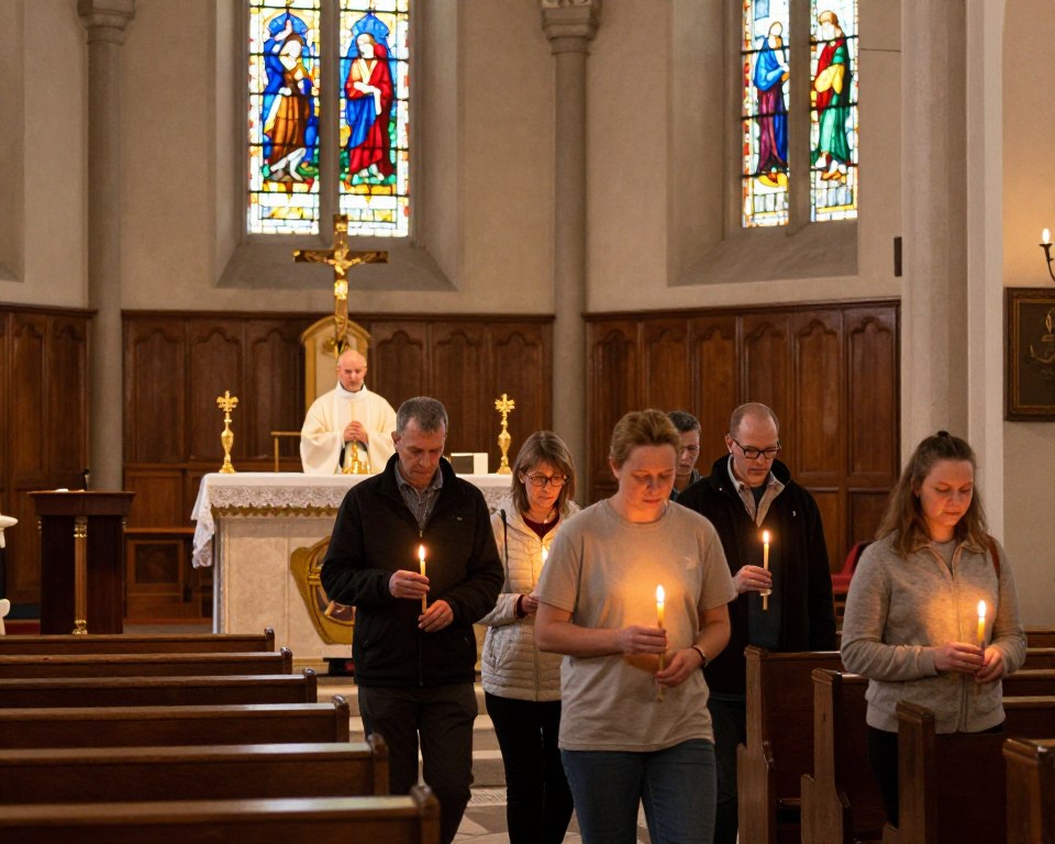 A serene interior view of a church during a "Droga Krzyżowa" (Stations of the Cross) service. In the foreground, a small group of parishioners dressed in modest, casual clothing, holding candles, moving solemnly. In the middle ground, a priest stationed at an altar, with a cross and various religious artifacts present, soft light illuminating his figure. The background features stained glass windows casting colored light across the wooden pews, enhancing the sacred atmosphere. The overall mood is reflective and reverent, capturing the essence of spirituality during Lent. The lighting is warm and inviting, with a slight depth of field to create a sense of focus on the service while gently blurring the surroundings.