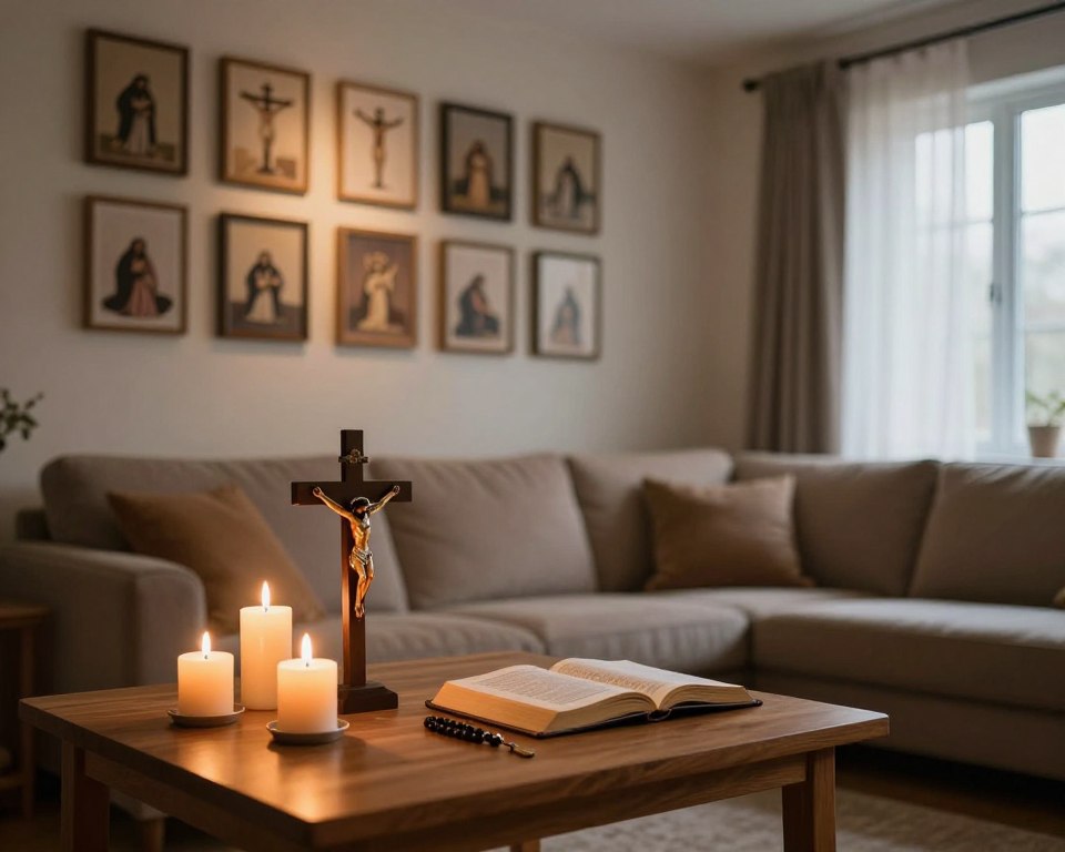 A serene living room setting designed for a home interpretation of the Stations of the Cross. In the foreground, a simple wooden table adorned with candles and a crucifix, accompanied by an open prayer book and a rosary, inviting contemplation. The middle ground features a wall with framed images of the 14 stations, softly illuminated by warm, gentle lighting, creating a mood of reverence and reflection. In the background, a cozy couch with a muted color palette and soft fabric, providing an atmosphere of comfort. Large windows with sheer curtains allow dim, natural light to filter in, enhancing the peaceful ambiance. The scene conveys a deep sense of spirituality, encouraging individuals to engage in prayer and meditation during Lent.