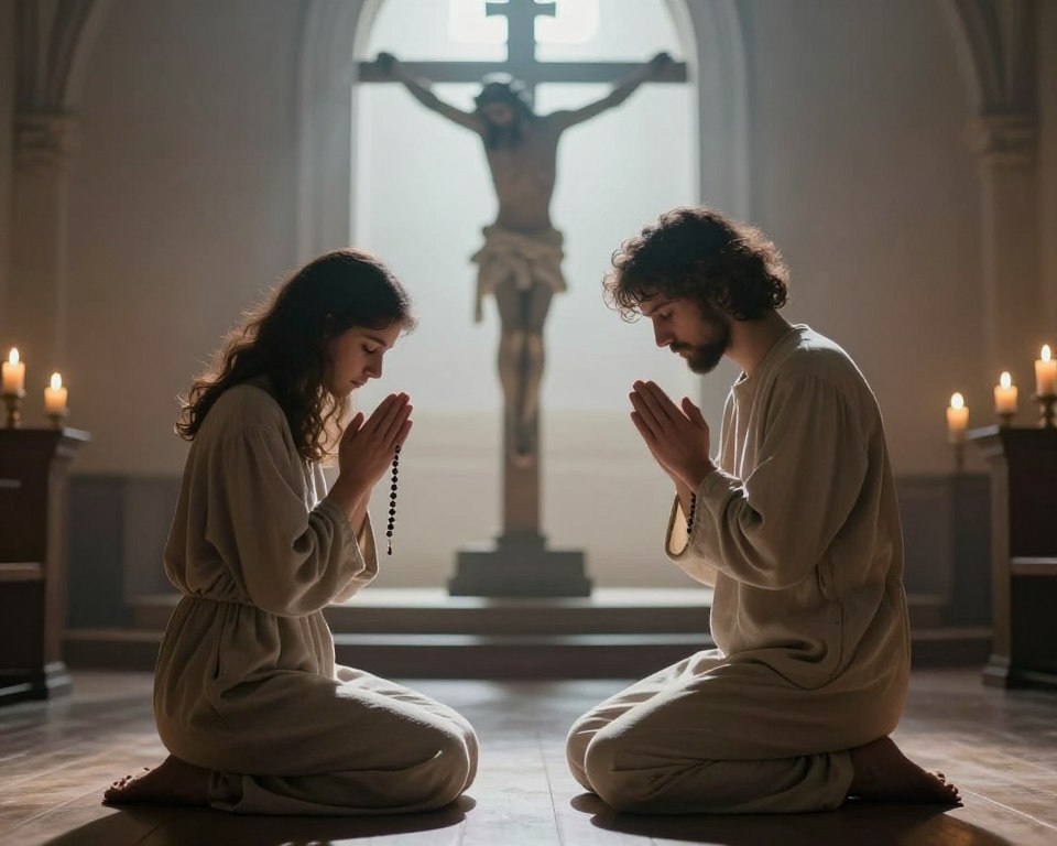 A serene meditation scene depicting the moment of Jesus' scourging, focused on a contemplative individual in modest, casual clothing, engaged in prayer with a rosary. In the foreground, the person is kneeling on a simple wooden floor, their hands clasped around the beads, eyes closed in deep reflection. The middle ground features a soft, ethereal light illuminating a silhouette of Jesus bound to a pillar, emphasizing his suffering yet radiating an aura of peace and forgiveness. The background showcases a tranquil, dimly-lit chapel with soft candlelight flickering, casting gentle shadows that enhance the contemplative atmosphere. The overall mood is one of solemnity and reverence, inviting viewers to engage deeply with the moment of meditation.