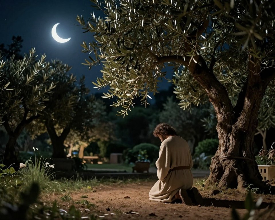 A serene night scene depicting the Garden of Gethsemane, focusing on a solitary figure in modest, reflective attire, kneeling in prayer under an ancient olive tree. In the foreground, soft, muted earth tones create a peaceful atmosphere, while the middle ground features gently illuminated olive branches and lush foliage, casting delicate shadows. The background shows a starry sky, with a glowing crescent moon adding a divine touch. The lighting is soft and ethereal, enhancing the mood of spiritual contemplation and introspection. The entire composition conveys a sense of tranquility, hope, and profound reflection, inviting viewers to connect with the deep emotional essence of the moment.