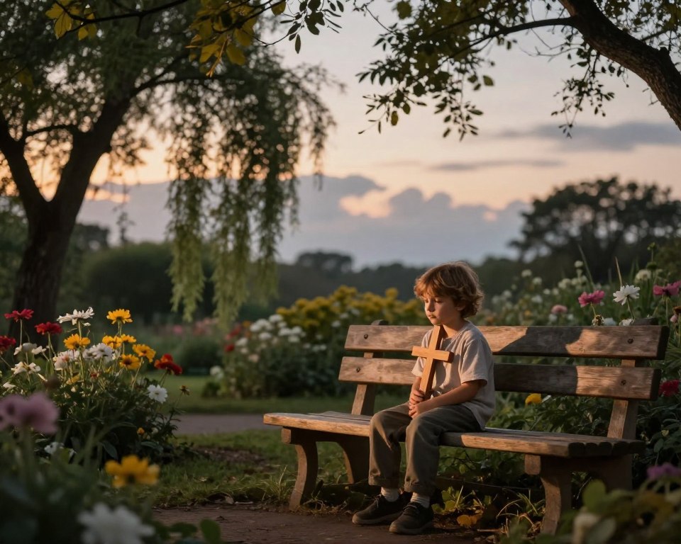 A serene outdoor scene at twilight, depicting a small, peaceful garden with a wooden bench surrounded by blooming flowers. In the foreground, a young child, dressed in modest casual clothing, sits on the bench, looking thoughtful while holding a simple wooden cross. The middle ground features soft, gently swaying trees and a subtle path leading into a serene backdrop of softly illuminated clouds, conveying a sense of contemplation and serenity. The mood is reflective and meditative, with warm, golden light filtering through the branches, casting delicate shadows. The angle should be slightly elevated, capturing the child’s expression of introspection, emphasizing the tranquility of the moment. This image embodies the essence of meditation and prayer, creating a harmonious atmosphere for reflection.