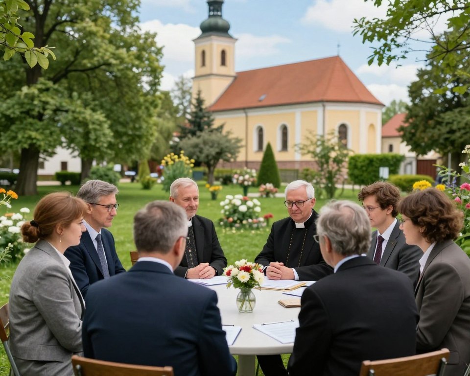 A serene outdoor scene of a collaborative meeting between members of two parishes in an open garden at the Parafia Goliszew. In the foreground, a diverse group of people in professional business attire, including clergy and community leaders, gather around a table adorned with documents and a small vase of flowers. In the middle ground, a lush green landscape with trees and blooming flowers symbolizes unity and collaboration. The background features a traditional church building with warm, inviting colors under a clear blue sky, enhancing the atmosphere of cooperation. Soft, natural lighting creates a peaceful mood, and a slight depth of field blurs the background slightly, focusing attention on the engaged discussion at the table. A serene outdoor scene of a collaborative meeting between members of two parishes in an open garden at the Parafia Goliszew. In the foreground, a diverse group of people in professional business attire, including clergy and community leaders, gather around a table adorned with documents and a small vase of flowers. In the middle ground, a lush green landscape with trees and blooming flowers symbolizes unity and collaboration. The background features a traditional church building with warm, inviting colors under a clear blue sky, enhancing the atmosphere of cooperation. Soft, natural lighting creates a peaceful mood, and a slight depth of field blurs the background slightly, focusing attention on the engaged discussion at the table.