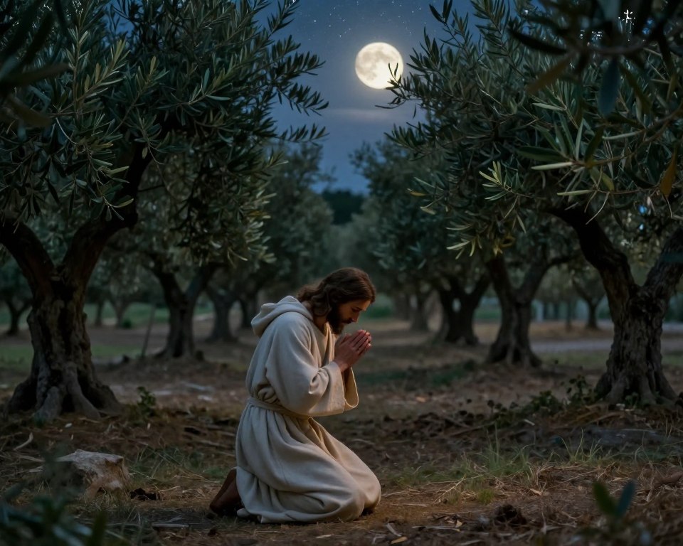 A serene portrayal of "The Agony in the Garden," capturing the moment of Christ in prayer amidst an olive grove. In the foreground, Jesus kneels on the ground, hands clasped in earnest prayer, wearing a simple, flowing robe. The middle ground features several olive trees with gnarled trunks and lush foliage, symbolizing peace and solitude. The background includes a softly glowing moon casting gentle light over the scene, enhancing the night sky filled with twinkling stars. The atmosphere is tranquil yet somber, evoking deep contemplation. Soft, diffused lighting enhances the mood, with shadows creating depth. The image captures the profound moment of prayer within religious art, emphasizing both solitude and divine connection.