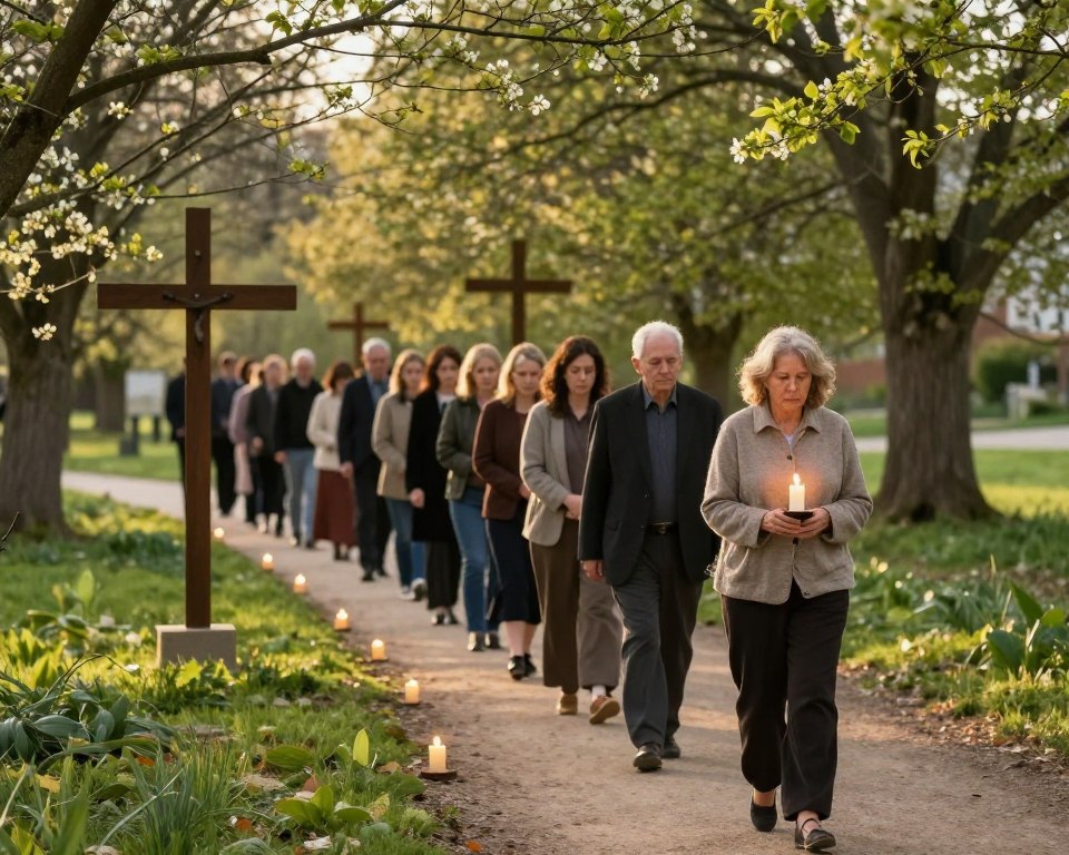 A serene scene depicting Patricia leading a group of solemn individuals during the traditional Via Crucis (Way of the Cross). In the foreground, Patricia, dressed in modest casual clothing, holds a candle as the group follows her with reflective expressions. The middle ground features a winding path lined with flickering candles and simple wooden crosses, each representing the stations of the cross. Lush greenery surrounds the pathway, hinting at early spring blossoming, with warm, golden sunlight filtering through the leaves. In the background, soft-focus trees create a peaceful atmosphere, enhancing feelings of contemplation and reverence. A gentle breeze rustles the leaves, contributing to an uplifting yet reflective mood, inviting the viewer to reflect on faith and devotion.