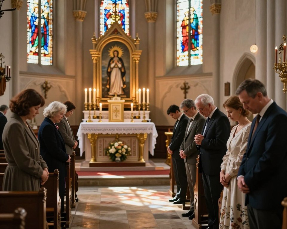 A serene scene depicting a "Nabożeństwo do Miłosierdzia Bożego" gathering in a beautifully decorated church interior. In the foreground, a diverse group of individuals, dressed in modest formal attire, stand in prayer, their hands clasped and heads bowed, embodying devotion. In the middle, ornate altar adorned with candles and a large image of the Divine Mercy radiates warmth, softly illuminated by candlelight. In the background, stained glass windows filter sunlight, casting colorful patterns on the stone floor. The atmosphere is peaceful and reverent, evoking a sense of community and shared spirituality. The overall composition should have a soft focus to create a contemplative mood, with natural lighting enhancing the ethereal quality of the scene. A serene scene depicting a "Nabożeństwo do Miłosierdzia Bożego" gathering in a beautifully decorated church interior. In the foreground, a diverse group of individuals, dressed in modest formal attire, stand in prayer, their hands clasped and heads bowed, embodying devotion. In the middle, ornate altar adorned with candles and a large image of the Divine Mercy radiates warmth, softly illuminated by candlelight. In the background, stained glass windows filter sunlight, casting colorful patterns on the stone floor. The atmosphere is peaceful and reverent, evoking a sense of community and shared spirituality. The overall composition should have a soft focus to create a contemplative mood, with natural lighting enhancing the ethereal quality of the scene.