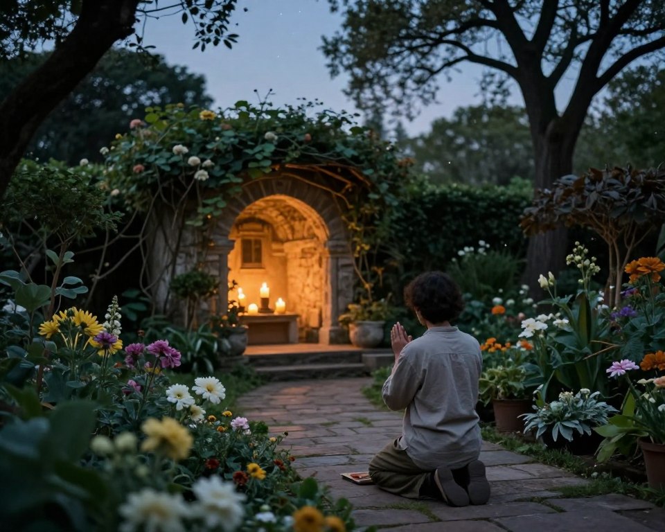 A serene scene depicting a contemplative moment in a lush garden at twilight, capturing the essence of prayer and reflection. In the foreground, a person dressed in modest casual clothing kneels on a stone path, hands clasped in prayer, surrounded by blooming flowers and soft greenery. The middle ground features a gently illuminated grotto with flickering candles creating a warm, inviting aura, symbolizing solace. In the background, silhouette of ancient trees under a starry sky, adding a sense of depth and tranquility. The lighting is soft and diffused, evoking a meditative atmosphere. The angle is slightly elevated, providing a panoramic view that emphasizes the peacefulness and introspective nature of the moment. The overall mood is calm, reflective, and spiritually uplifting.