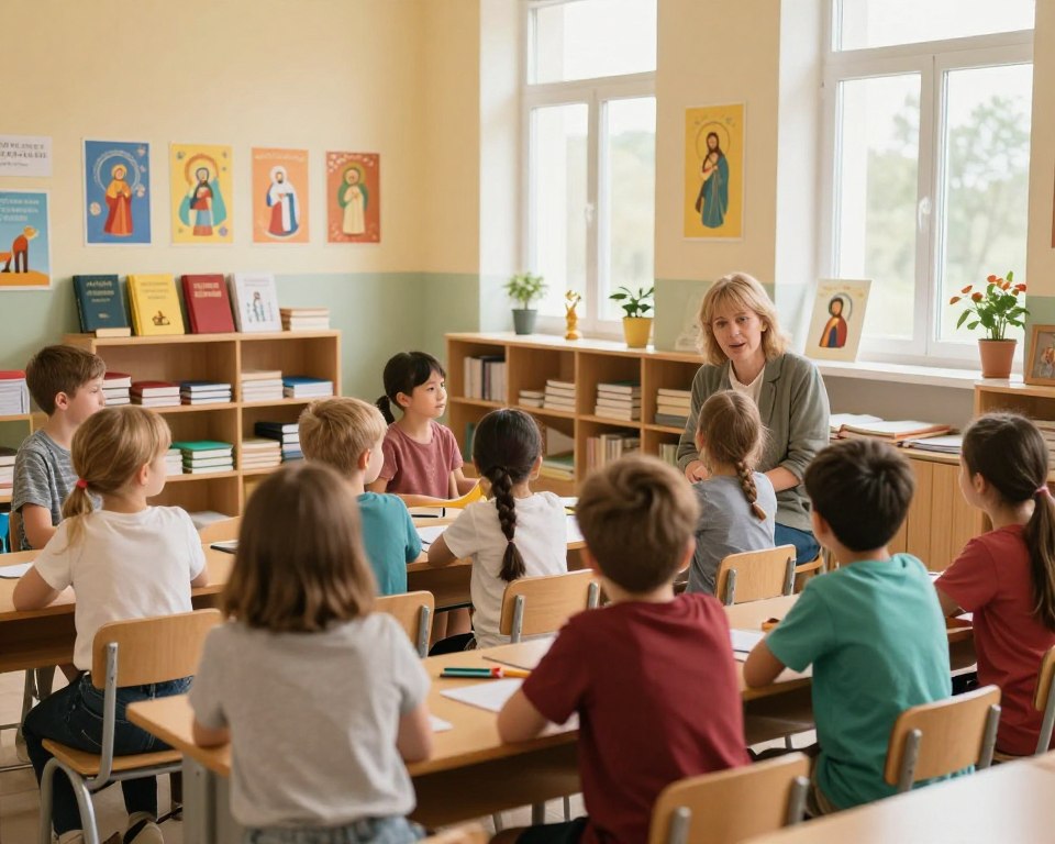 A serene scene depicting a religious education setting in the parish of Niezabyszewo. In the foreground, a diverse group of children, wearing modest casual attire, are eagerly engaging with a kind and approachable teacher in a cozy classroom filled with colorful religious illustrations. The middle ground shows shelves lined with educational materials, Bibles, and religious texts, while the walls are adorned with bright, inspirational posters. The background features large windows that let in warm, soft light, creating an inviting atmosphere. The overall mood is one of enthusiasm and curiosity, highlighting the importance of religious education in the community. Use a slight soft focus for a warm and welcoming feel, emulating a gentle, natural light. A serene scene depicting a religious education setting in the parish of Niezabyszewo. In the foreground, a diverse group of children, wearing modest casual attire, are eagerly engaging with a kind and approachable teacher in a cozy classroom filled with colorful religious illustrations. The middle ground shows shelves lined with educational materials, Bibles, and religious texts, while the walls are adorned with bright, inspirational posters. The background features large windows that let in warm, soft light, creating an inviting atmosphere. The overall mood is one of enthusiasm and curiosity, highlighting the importance of religious education in the community. Use a slight soft focus for a warm and welcoming feel, emulating a gentle, natural light.