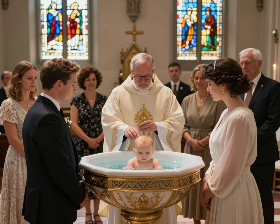 A serene scene depicting godparents during a baptism ceremony. In the foreground, a couple dressed in elegant, modest attire stands by a beautifully adorned baptismal font, looking lovingly at the infant being baptized. The middle ground features a priest in traditional vestments, gently performing the rite, while family members observe with warm, supportive expressions. In the background, soft natural light filters through stained glass windows, casting colorful patterns on the serene church interior. The atmosphere is one of reverence and joy, capturing the significance of the sacrament. Use a slightly elevated angle to encompass both the intimate moment and the sacred environment, ensuring a nuanced play of light and shadow to enhance the emotional weight of the scene.