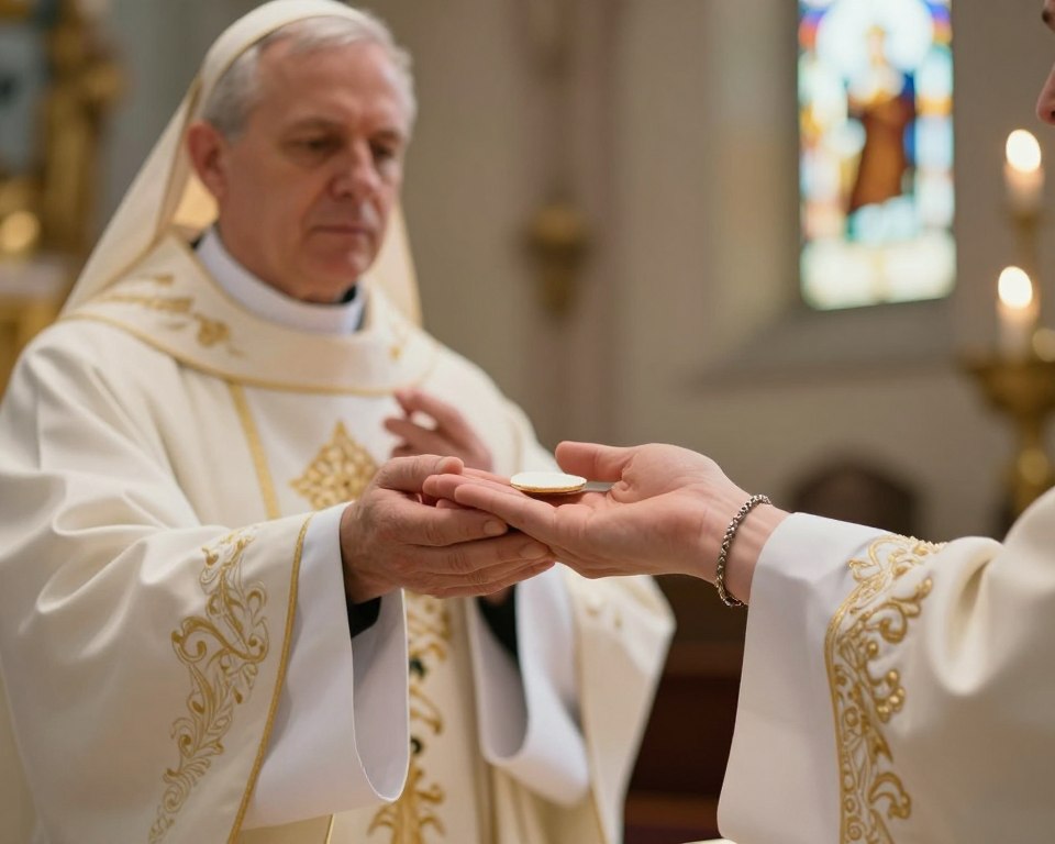 A serene, softly lit scene depicting the moment of receiving Holy Communion in the hand. In the foreground, a close-up of a hand, gently open, receiving a small round Host, symbolizing the tradition of “Komunia na rękę.” The hand is adorned with a simple, elegant bracelet, showcasing the reverence of the moment. In the middle ground, a blurred figure of a priest in elegant white robes, with a veil of light subtly illuminating him, officiating the ceremony. The background consists of a softly glowing church interior, with warm light streaming through stained glass windows, creating a tranquil and sacred atmosphere. The mood is one of peace, devotion, and solemnity, inviting contemplation on the significance of the practice.